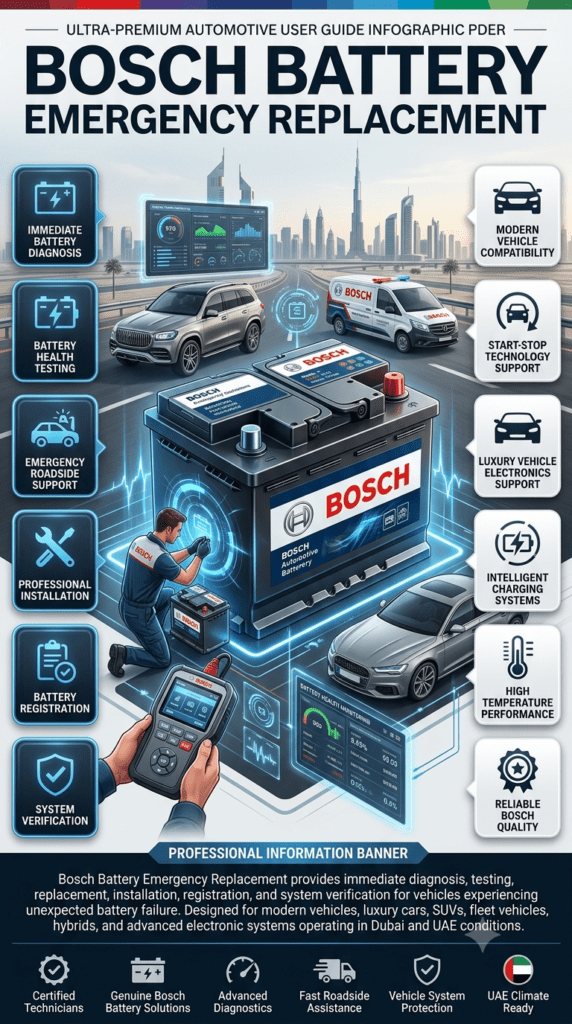 Professional Bosch Battery Emergency Replacement user guide infographic featuring a premium Bosch battery in the center, surrounded by animated technology elements, roadside assistance visuals, vehicle diagnostics equipment, and key service benefits displayed in clear side-point sections. High-end automotive design with futuristic UAE roadside support theme.