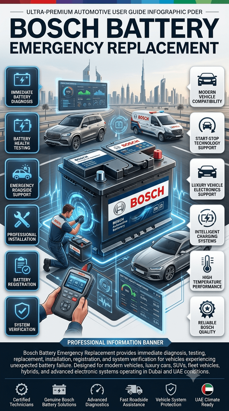 Professional Bosch Battery Emergency Replacement user guide infographic featuring a premium Bosch battery in the center, surrounded by animated technology elements, roadside assistance visuals, vehicle diagnostics equipment, and key service benefits displayed in clear side-point sections. High-end automotive design with futuristic UAE roadside support theme.