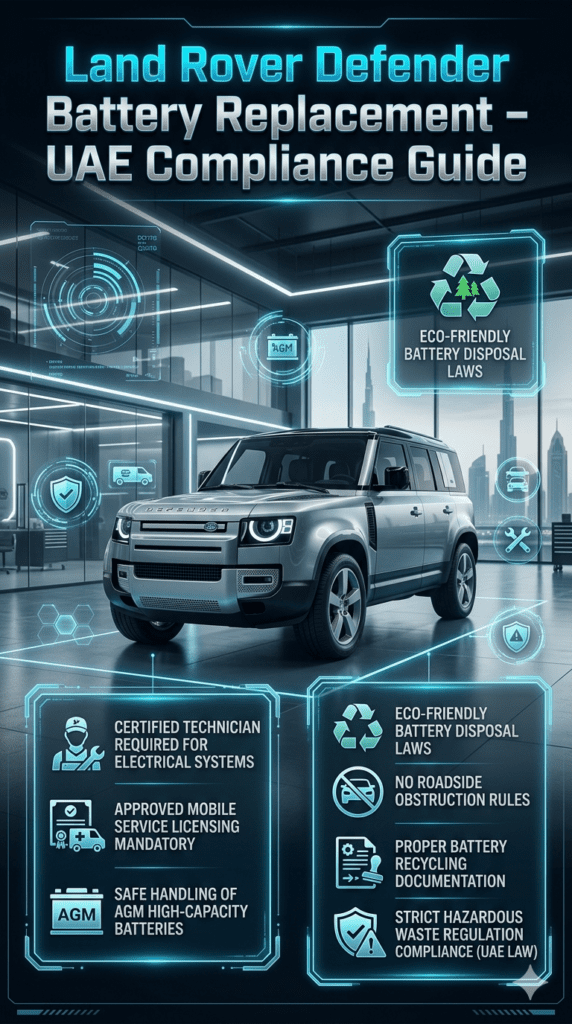 Luxury infographic showing Land Rover Defender battery replacement compliance rules in UAE/Dubai with vehicle centered and regulation points displayed on both sides.