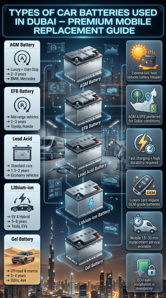 Infographic showing different types of car batteries used in Dubai including AGM, EFB, lithium-ion, lead acid, and gel batteries with compatibility, lifespan, and vehicle usage for mobile replacement services.