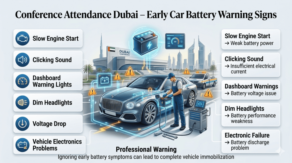 Conference attendance Dubai car battery warning signs infographic showing slow start, clicking sound, dashboard warnings, dim headlights, voltage problems, and battery diagnosis.