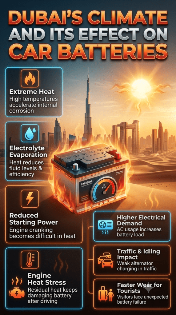 Infographic showing Dubai climate effects on car batteries with heat damage, battery stress, and performance reduction factors in a modern automotive design.
