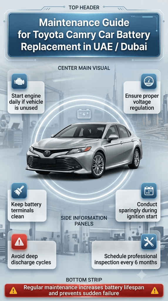 Infographic showing Toyota Camry battery maintenance guide with central car image, side panels listing maintenance tips, and modern automotive UI design elements in a professional blue-themed layout.