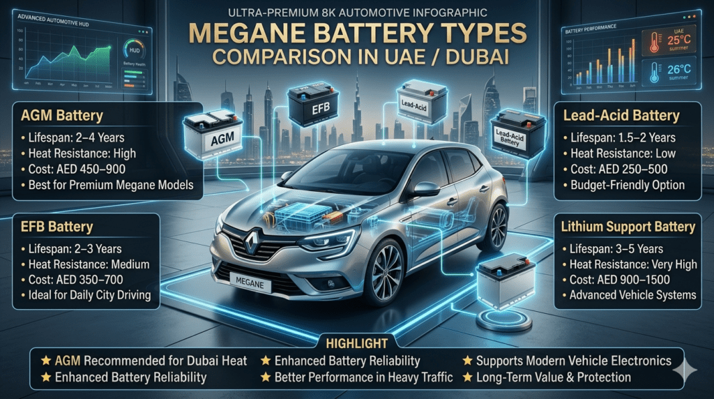 Megane battery types comparison infographic showing AGM, EFB, Lead-Acid, and Lithium batteries with lifespan, heat resistance, cost ranges, and recommended usage for UAE driving conditions.