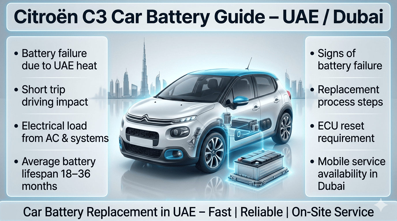 Citroën C3 car battery replacement guide infographic showing UAE heat impact, warning signs, replacement process steps, and maintenance tips with a central car image and structured side panels.
