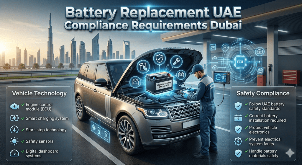 UAE Compliance Requirements for Battery Replacement Dubai Guide UAE compliant car battery replacement Dubai showing safe installation, ECU protection, smart charging systems, and vehicle electronics