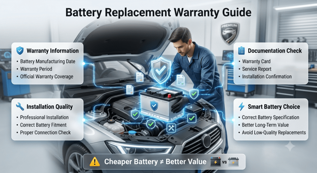 Battery replacement warranty guide showing battery date, warranty period, installation quality, and documentation requirements.