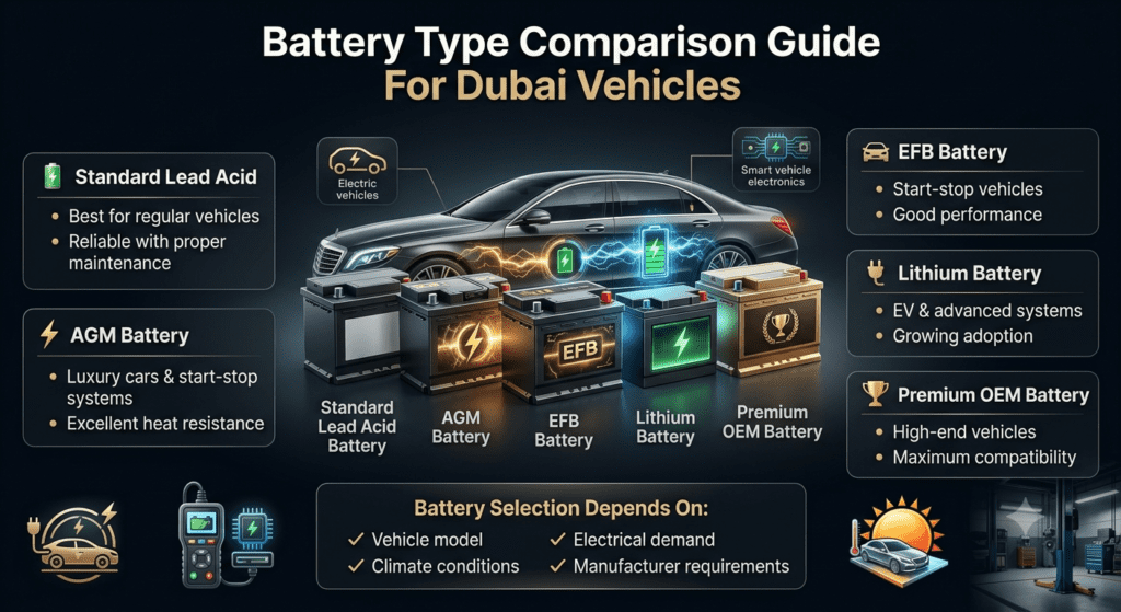 Battery type comparison infographic showing Standard Lead Acid, AGM, EFB, Lithium, and Premium OEM batteries for Dubai vehicles.