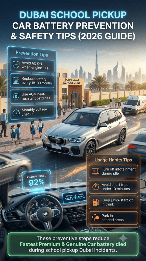 Dubai car battery prevention infographic showing safety tips for school pickup including battery maintenance, heat protection, AGM usage, and emergency preparedness in a futuristic automotive design.