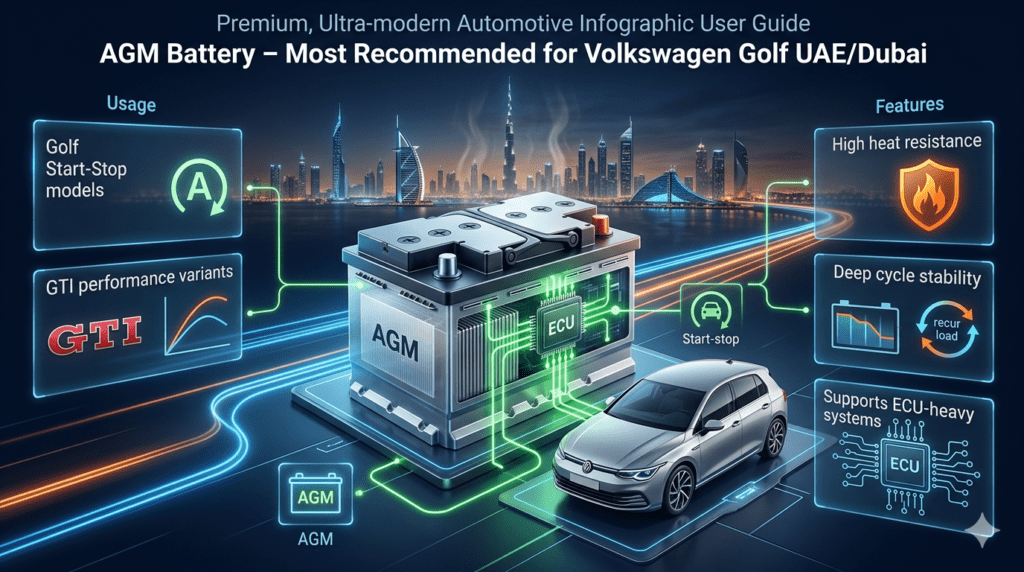 Volkswagen Golf connected to AGM battery with futuristic energy flow visuals showing ECU system and Dubai heat conditions infographic.