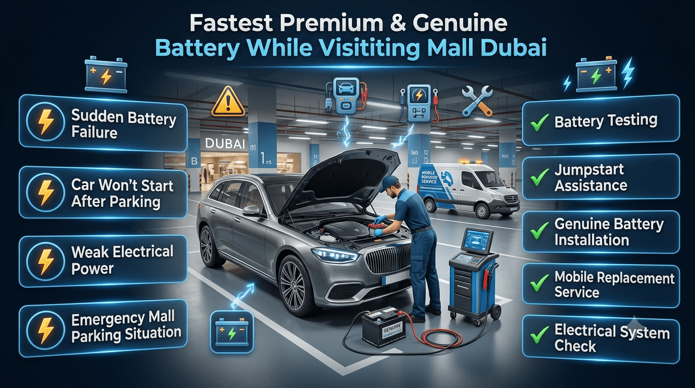 Fastest Premium and Genuine Dead Battery While Visiting Mall Dubai showing emergency car battery replacement service, jumpstart assistance, battery testing, and roadside support in Dubai mall parking