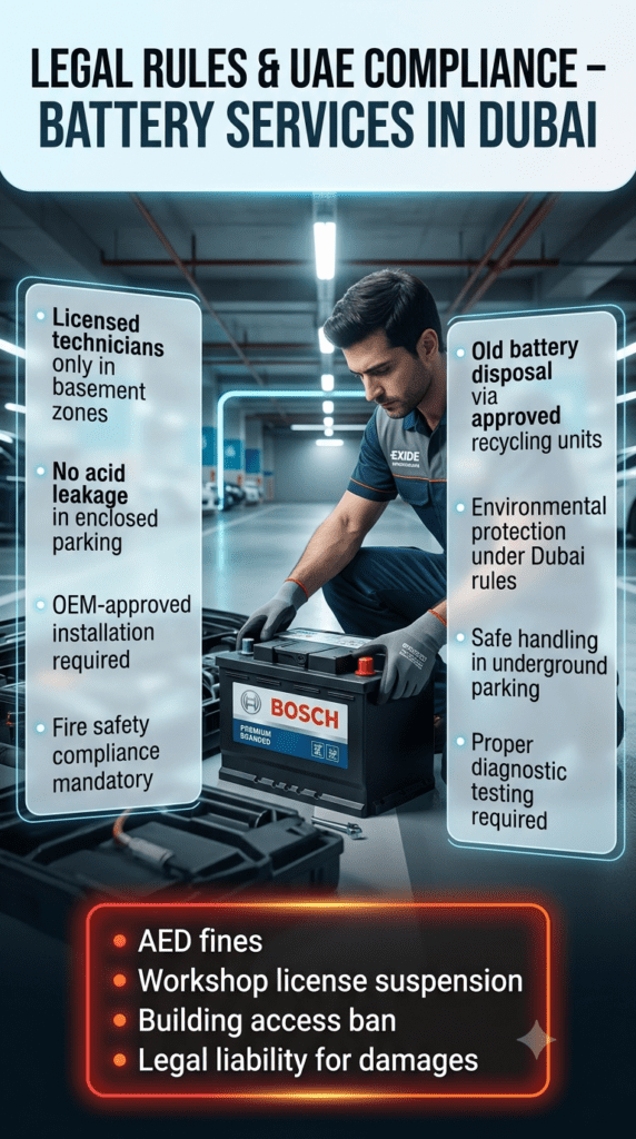 A modern infographic showing car battery replacement compliance rules in a Dubai underground parking garage with a technician installing a premium battery, surrounded by safety and legal guidelines in floating panels.
