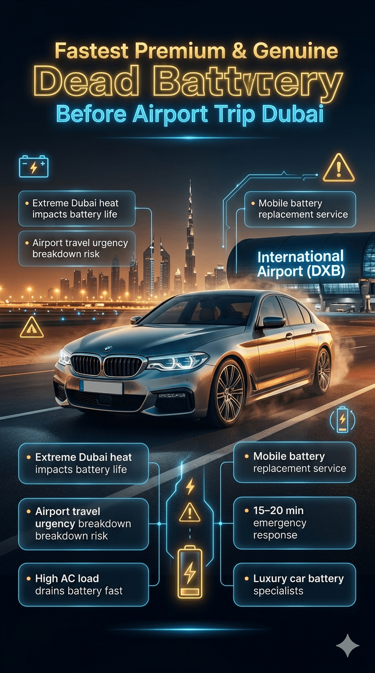 Luxury car at Dubai airport with infographic showing battery failure risks, emergency mobile replacement service, and Dubai heat impact on vehicle batteries.