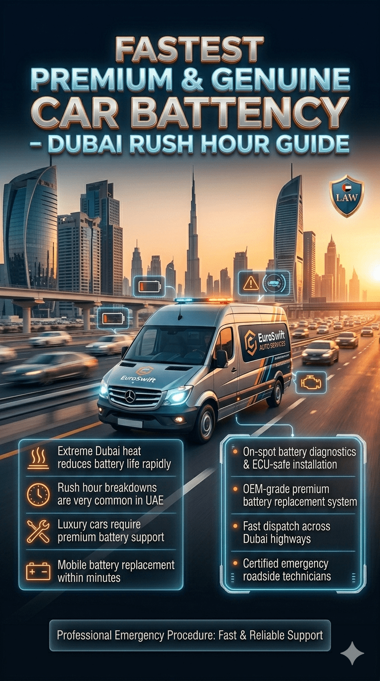 Luxury roadside assistance scene in Dubai showing a EuroSwift Auto Services van helping a stranded premium car with battery failure during rush hour on Sheikh Zayed Road, with Dubai skyline and emergency service infographic elements.