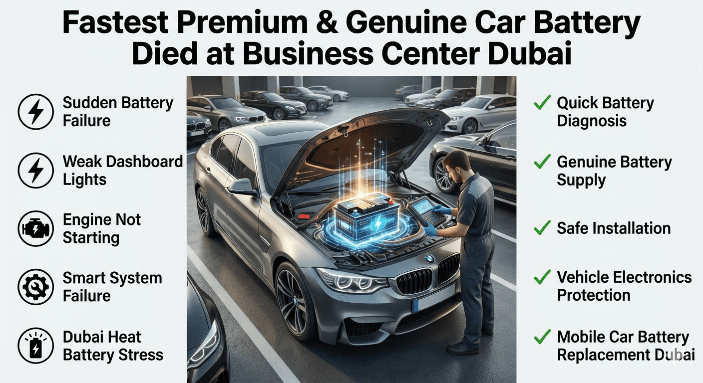 Fastest Premium and Genuine Car Battery Died at Business Center Dubai emergency battery replacement guide showing luxury car battery failure, diagnosis, genuine replacement, and professional mobile service.