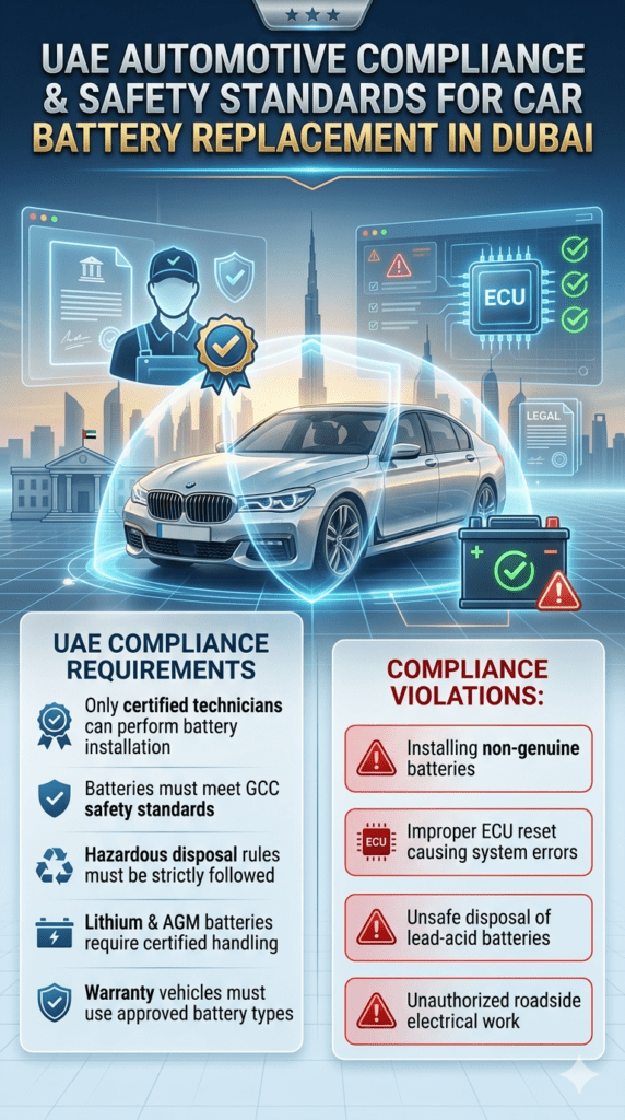 Infographic showing UAE compliance rules and violations for car battery replacement in Dubai with certified technician requirements, GCC safety standards, and warning sections for illegal practices.