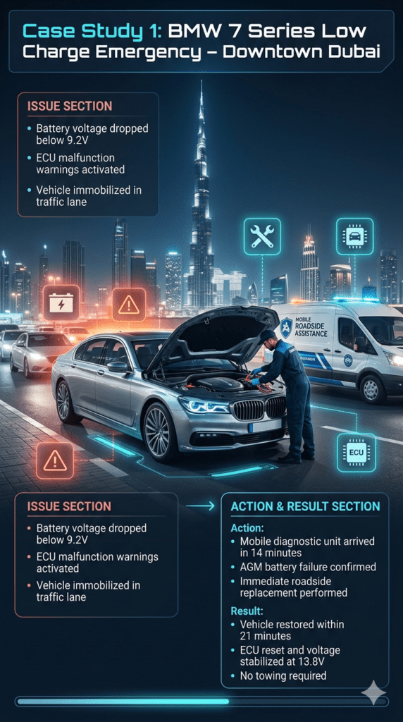 BMW 7 Series Battery Emergency Case Study – Downtown Dubai Low Charge Resolution BMW 7 Series emergency breakdown in Downtown Dubai showing low battery voltage issue, roadside mobile diagnostic service, AGM battery replacement, and ECU reset restoring vehicle within minutes.