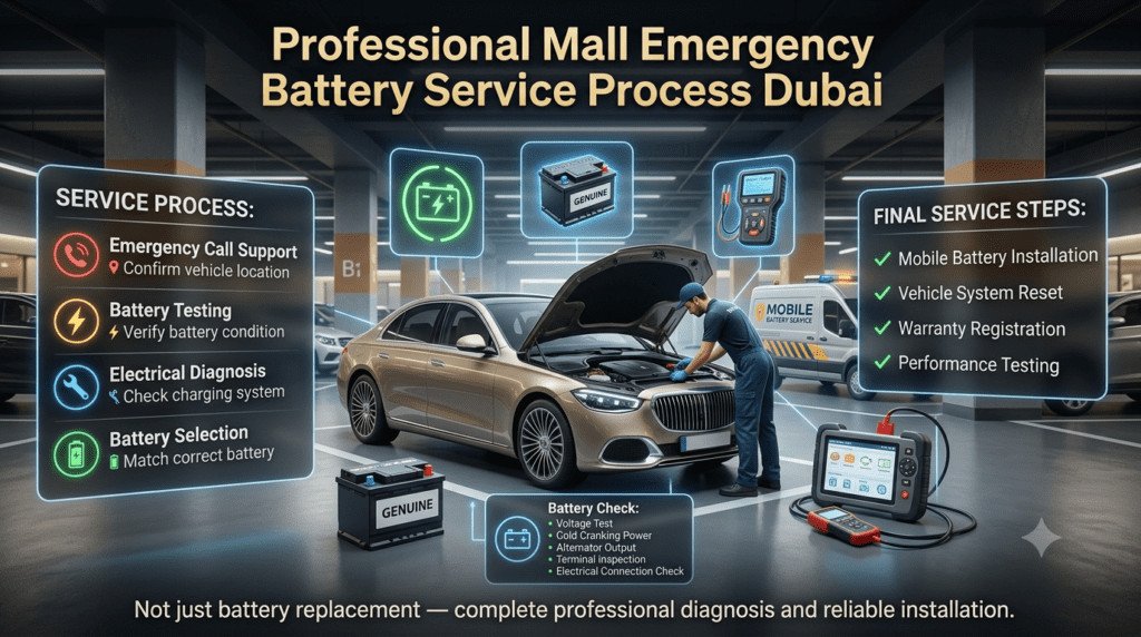Professional Mall Emergency Battery Service Process Dubai โ Complete Car Battery Replacement Guide Professional mall emergency battery service process Dubai showing battery testing, electrical diagnosis, mobile battery installation, and vehicle inspection