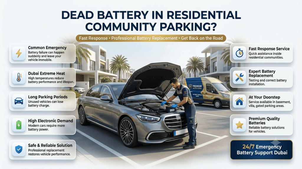Premium infographic showing dead car battery emergency in Dubai residential parking areas with professional battery replacement service, heat effects, fast response, and doorstep assistance.