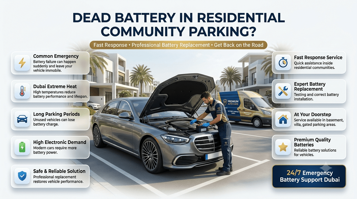 Premium infographic showing dead car battery emergency in Dubai residential parking areas with professional battery replacement service, heat effects, fast response, and doorstep assistance.