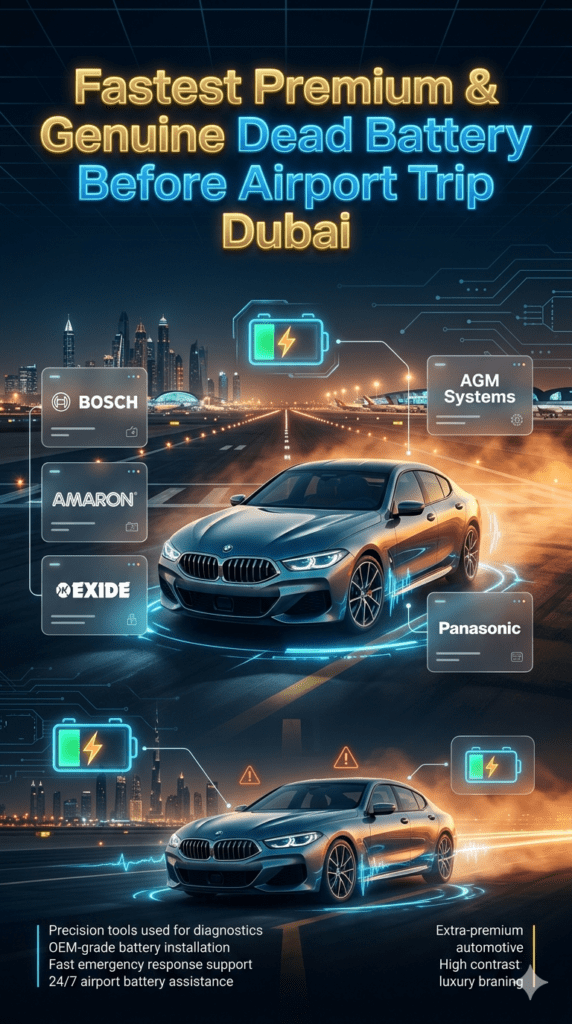 Luxury car at Dubai airport surrounded by floating brand support panels showing Bosch, Amaron, Exide, AGM systems, and Panasonic battery services with emergency roadside assistance theme.