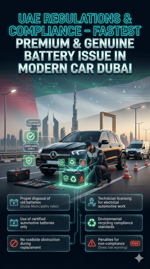 UAE Regulations & Compliance for Fastest Premium & Genuine Battery Issue in Modern Car Dubai UAE compliance infographic showing regulations for Fastest Premium & Genuine Battery issue in modern car Dubai including certified battery use, technician licensing, recycling rules, and safety standards during roadside replacement.