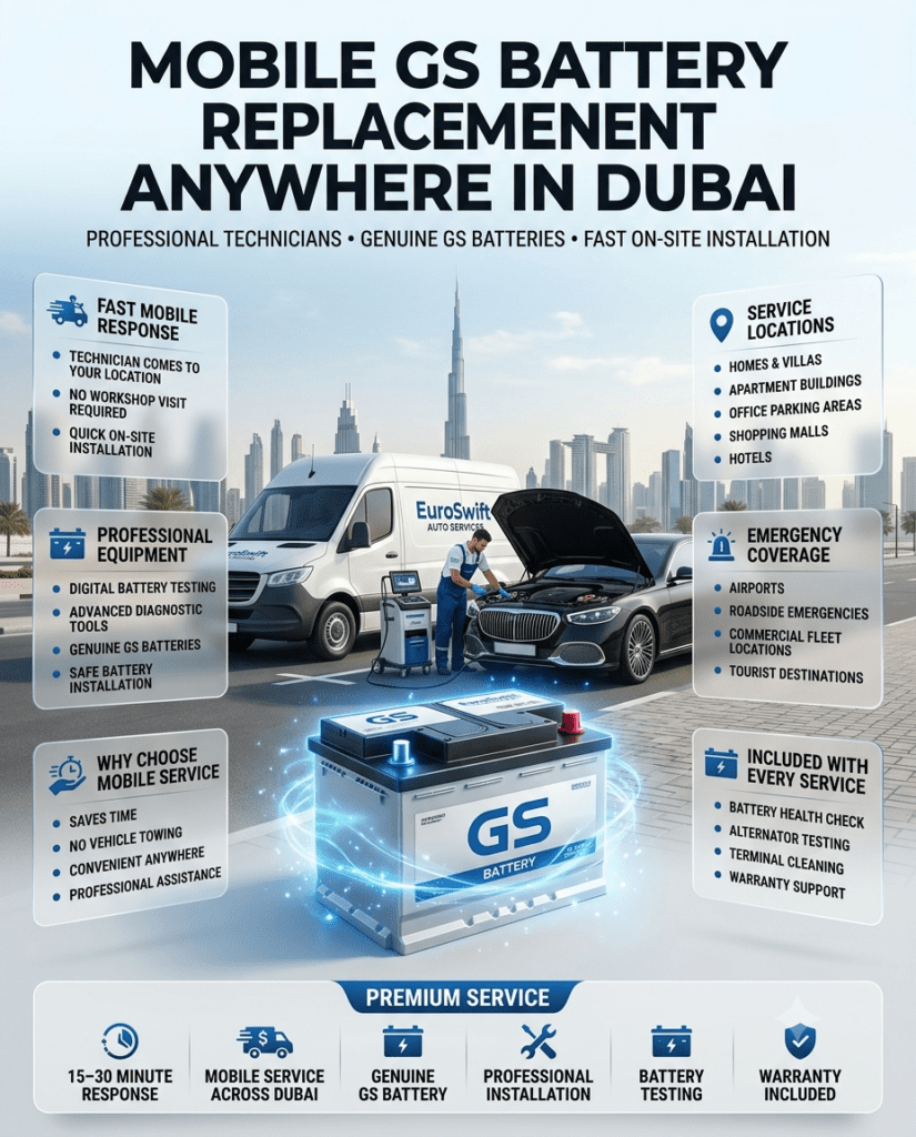 Mobile GS Battery Replacement Anywhere in Dubai | Fast On-Site Service Professional mobile GS battery replacement service in Dubai with on-site installation, genuine GS batteries, diagnostic testing, and expert technicians available across homes, offices, hotels, airports, and roadside locations.