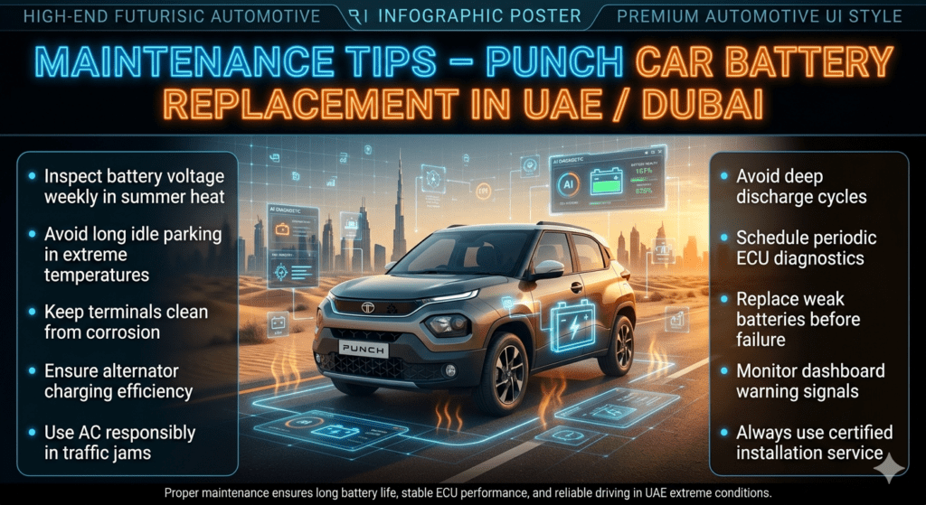 Maintenance Tips – Punch Car Battery Replacement in UAE / Dubai “Futuristic infographic showing Tata Punch with holographic maintenance tips, battery diagnostics, and UAE heat conditions for car battery care.”