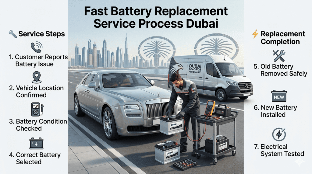 Fast battery replacement service process in Dubai showing battery inspection, installation, and electrical testing steps.