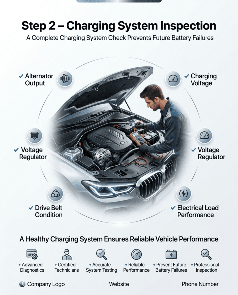 Step 2 โ Charging System Inspection | Professional Car Battery System Check Premium infographic showing a professional technician inspecting a vehicle's charging system, including alternator output, charging voltage, voltage regulator, drive belt condition, and electrical load performance.