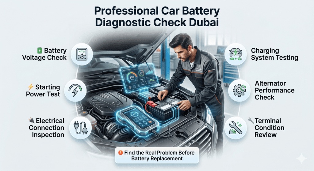 Technician checking car battery voltage, starting power, charging system, alternator performance and electrical connections during battery inspection in Dubai