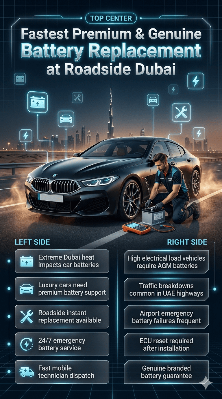 Premium roadside car battery replacement service in Dubai showing a luxury vehicle being serviced by a technician with infographic UI panels highlighting emergency battery replacement features and Dubai heat-related breakdown conditions.