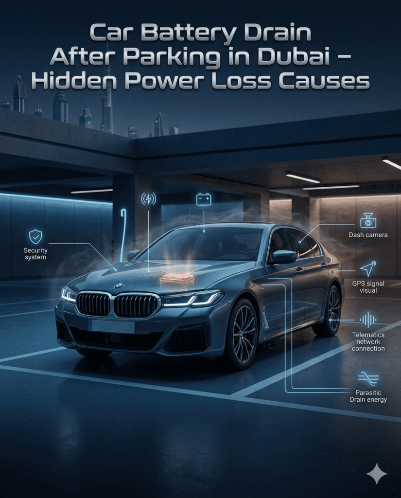 Car Battery Drain After Parking in Dubai β Hidden Power Loss Causes Luxury car parked in Dubai showing battery drain after parking due to security systems, GPS, dash cams, and hidden electrical loads.