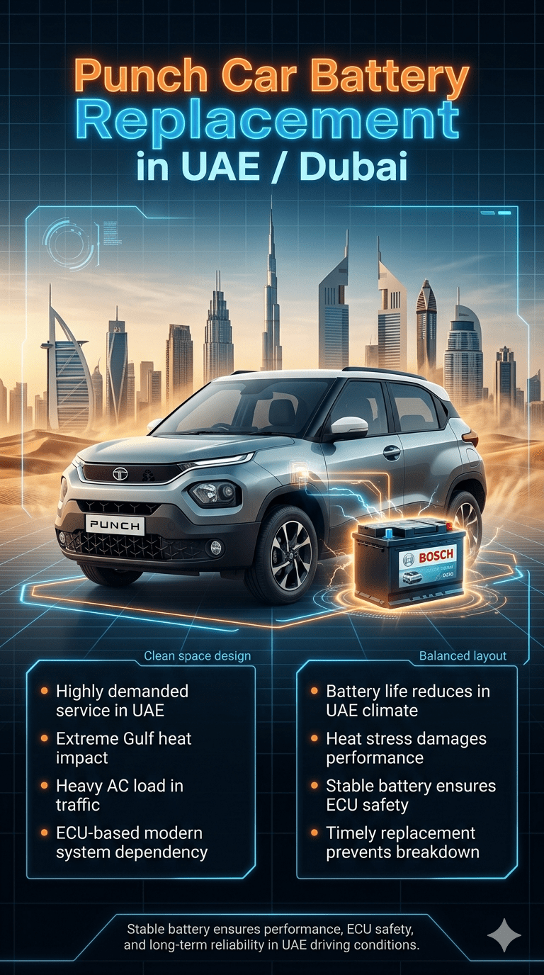 “High-tech infographic showing Tata Punch SUV with glowing battery, Dubai skyline background, and bullet points explaining battery replacement importance in UAE heat conditions.”