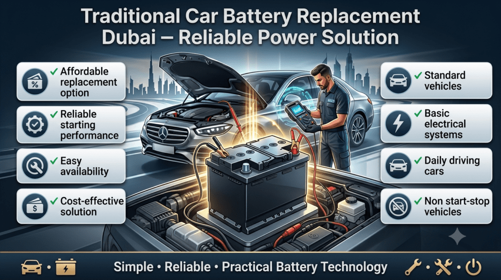 Traditional Car Battery Replacement Dubai – Reliable Starting Power Traditional car battery replacement Dubai showing affordable, reliable, and practical battery solution for standard vehicles.