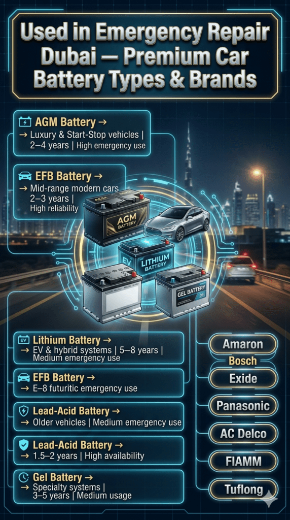 Emergency Car Battery Types & Brands Used in Dubai Repair Service Ultra-premium infographic showing emergency car battery types and brands used in Dubai, with battery categories like AGM, EFB, Lithium, Lead-Acid, and Gel displayed in the center, and major brands such as Bosch, Amaron, and Exide listed on the side panels in a futuristic automotive design.