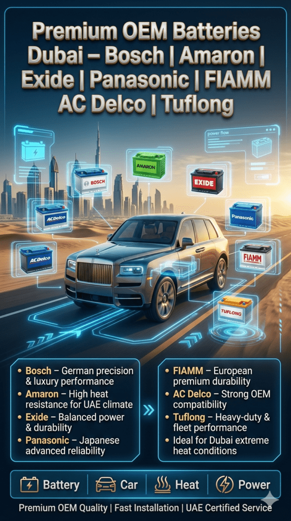 Luxury automotive infographic showing premium OEM car batteries in Dubai including Bosch, Amaron, Exide, Panasonic, FIAMM, AC Delco, and Tuflong with Dubai skyline background.