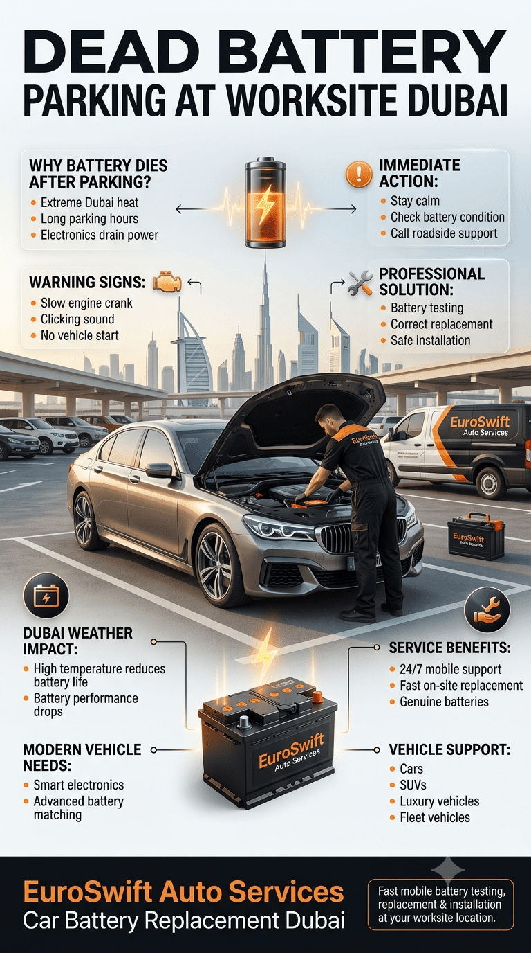 Dead Battery After Parking at Worksite Dubai? Get Fast 24/7 Mobile Battery Replacement
