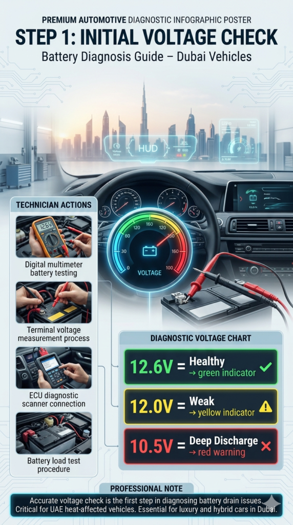 Step 1: Initial Voltage Check – Battery Diagnosis Guide (Dubai) Automotive diagnostic infographic showing battery voltage levels with 12.6V healthy, 12.0V weak, and 10.5V deep discharge, displayed on a luxury car dashboard with multimeter testing in a Dubai workshop environment.