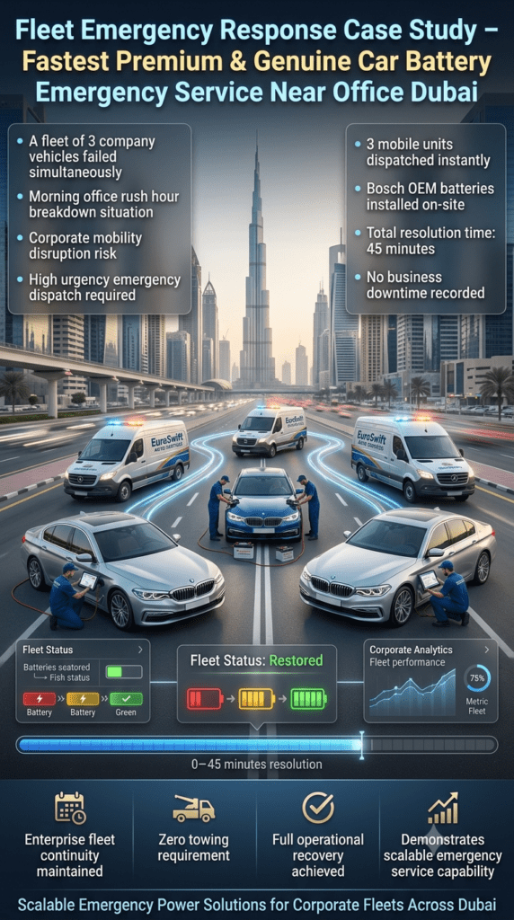 Infographic showing fleet emergency car battery service in Dubai with three company vehicles repaired by mobile units using Bosch OEM batteries within 45 minutes.