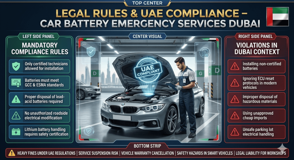 UAE legal compliance infographic for car battery emergency services in Dubai showing certified technician, GCC standards, ESMA regulations, and violation warnings in parking lot service environment.