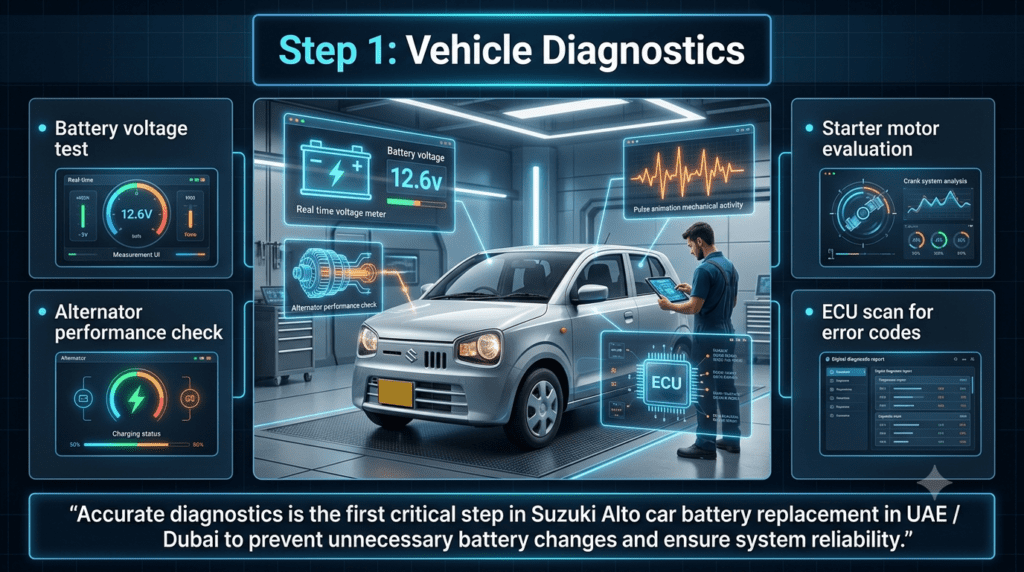 Step 1: Vehicle Diagnostics – Suzuki Alto Battery Replacement UAE Guide Suzuki Alto vehicle diagnostics process showing battery, alternator, starter motor and ECU scan in UAE car battery service workshop.