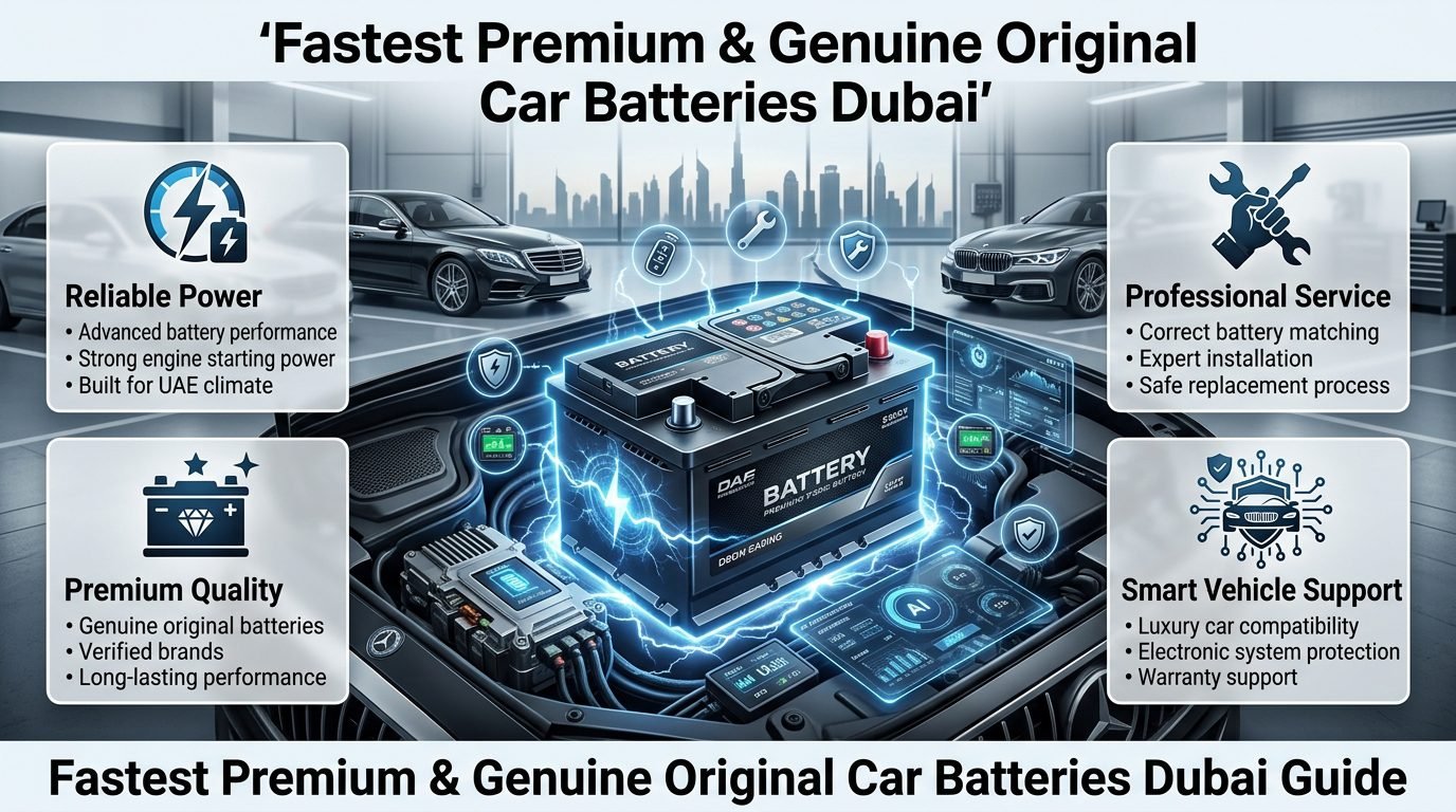 Fastest premium and genuine original car batteries Dubai guide showing a luxury car battery, professional installation, reliable power, smart vehicle support, and UAE automotive service features.