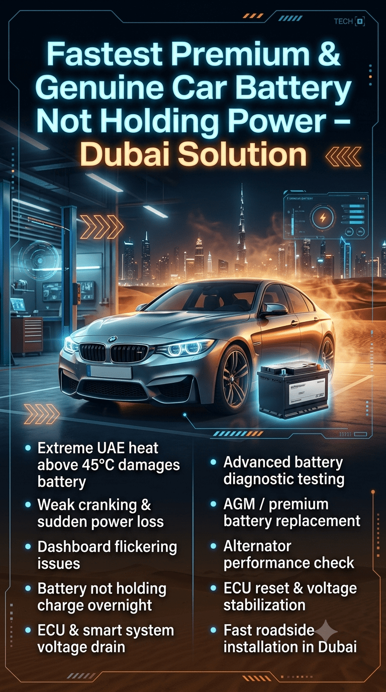 Premium infographic showing Dubai car battery not holding power solution with luxury car, battery diagnostics, heat effects, and roadside repair steps.