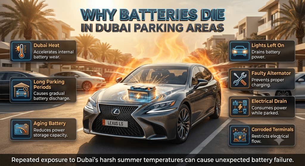 Premium automotive infographic showing reasons why car batteries fail in Dubai parking areas, including heat damage, long parking periods, electrical drain, faulty alternator, and corroded terminals.