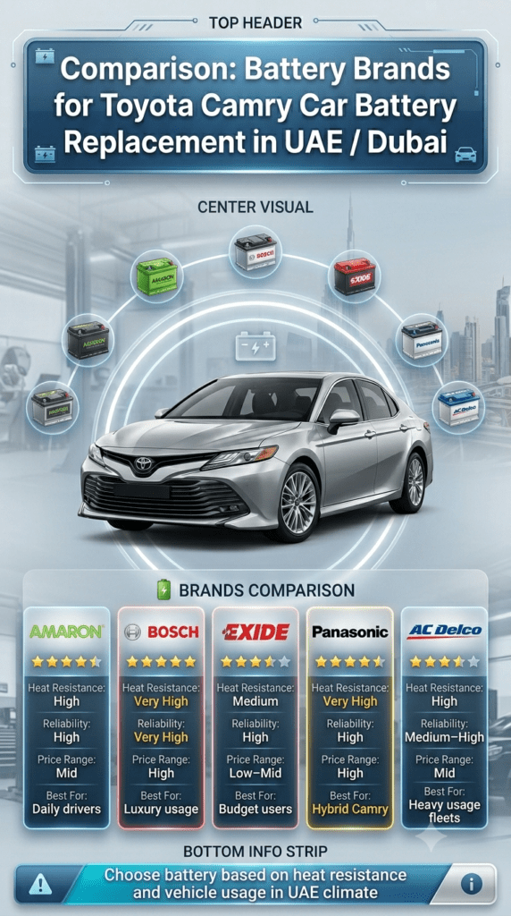 Infographic showing comparison of Toyota Camry car battery brands in UAE with central car image, side-by-side brand ratings, and modern glassmorphism design layout.