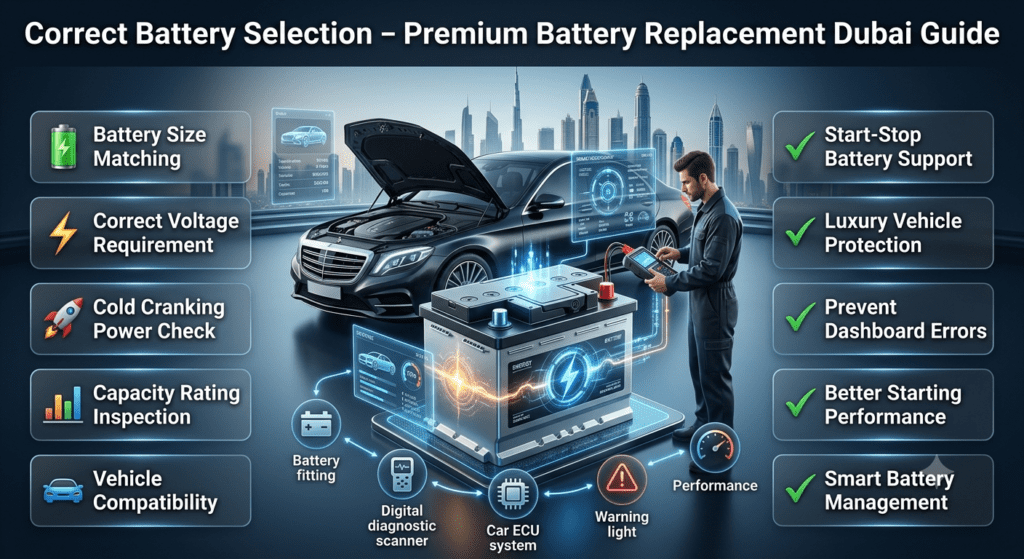 Correct battery selection guide showing battery size, voltage matching, cold cranking power, start-stop compatibility, and luxury vehicle battery replacement Dubai