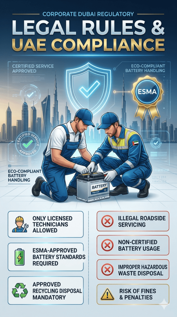 Infographic showing legal rules and UAE compliance for car battery replacement services in Dubai, highlighting licensed technicians, ESMA standards, recycling requirements, and violations like illegal servicing and improper disposal.