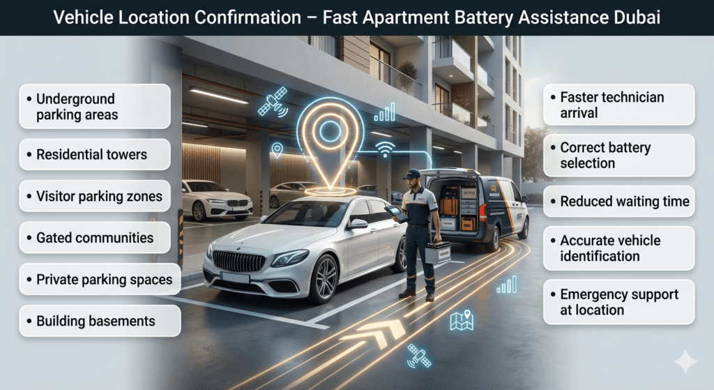 Apartment complex car battery assistance in Dubai showing vehicle location confirmation, mobile technician arrival, and emergency battery replacement service.
