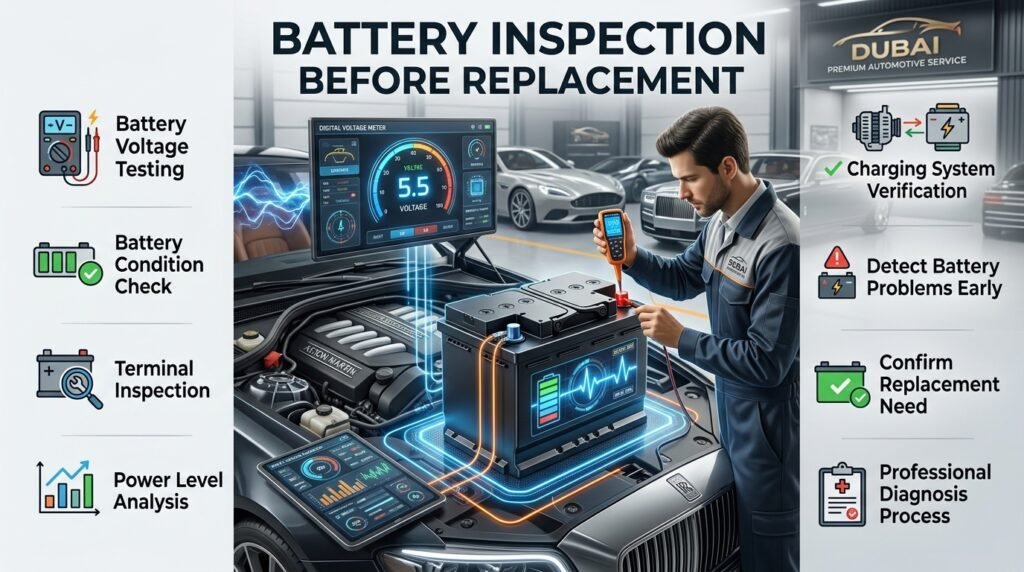 Professional battery inspection before replacement showing voltage testing, terminal checking, and charging system verification.